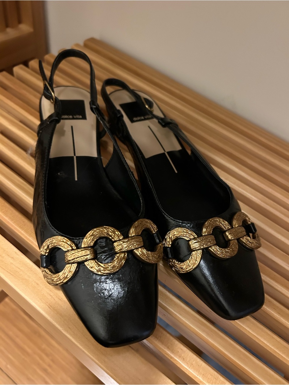 Dolce Vita Black Slingback Flats with Gold Chain Trim
